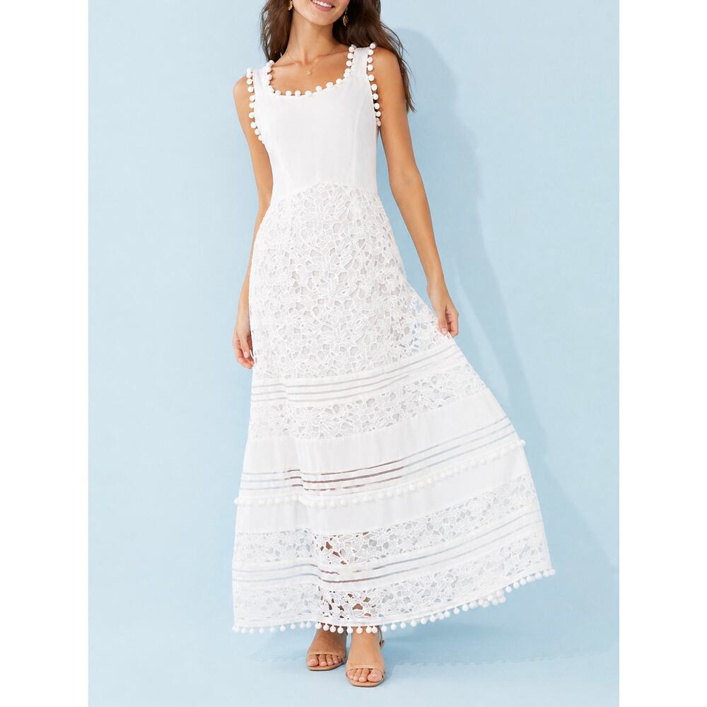 DETI White Lace Pom Pom Trim Maxi Dress Boho Coastal Resort Occasion Dress Sz M